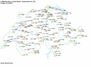 20121019 01 Rekord Temperaturen Oktober Föhntäler Alpennordseite Tempkarte MeteoSchweiz.gif